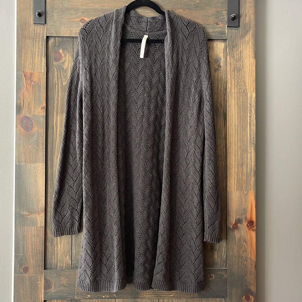 Grey Long Crochet-Type Cardigan